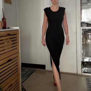 Derek Heart Black Maxi Dress with Slit & Shoulder Pads